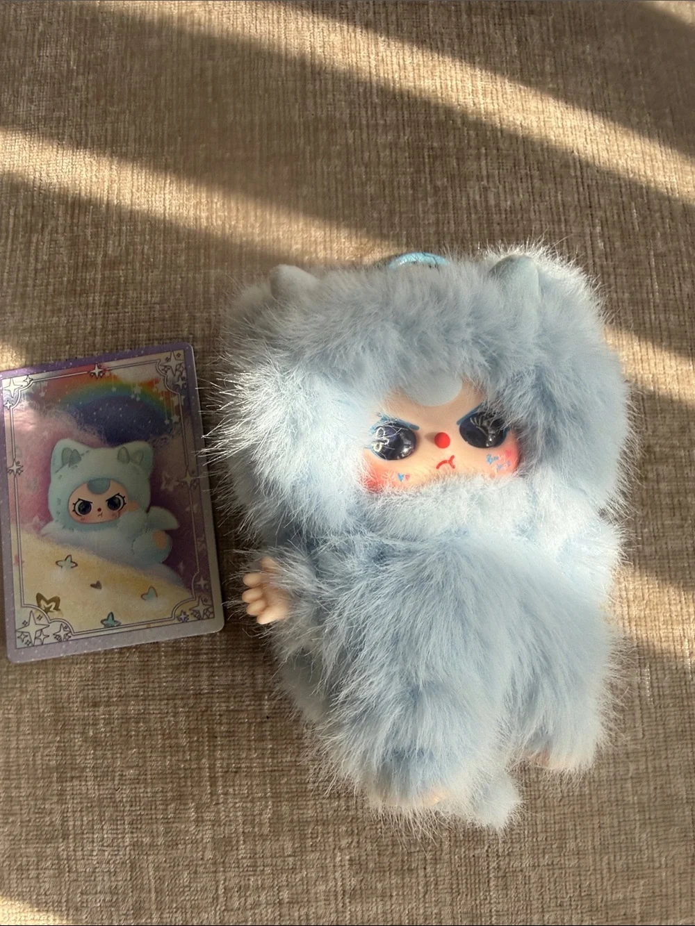 Baby three wa long long Blue Furry Kawaii Plush Doll with Character Card